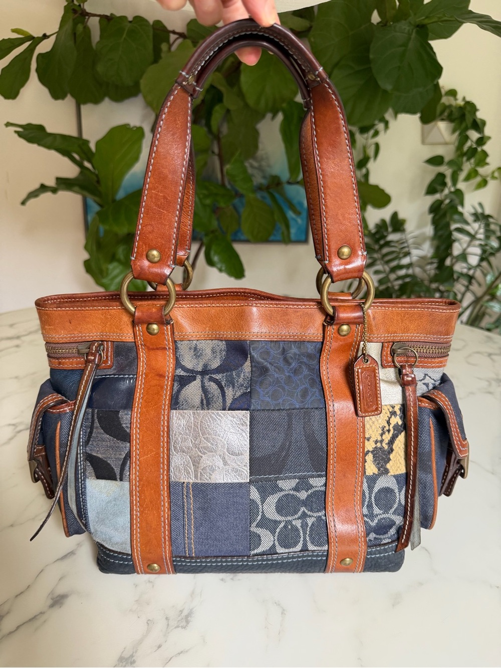 Coach Vintage Y2K Signature Denim Patchwork Tote 10002 Vachetta Leather Suede